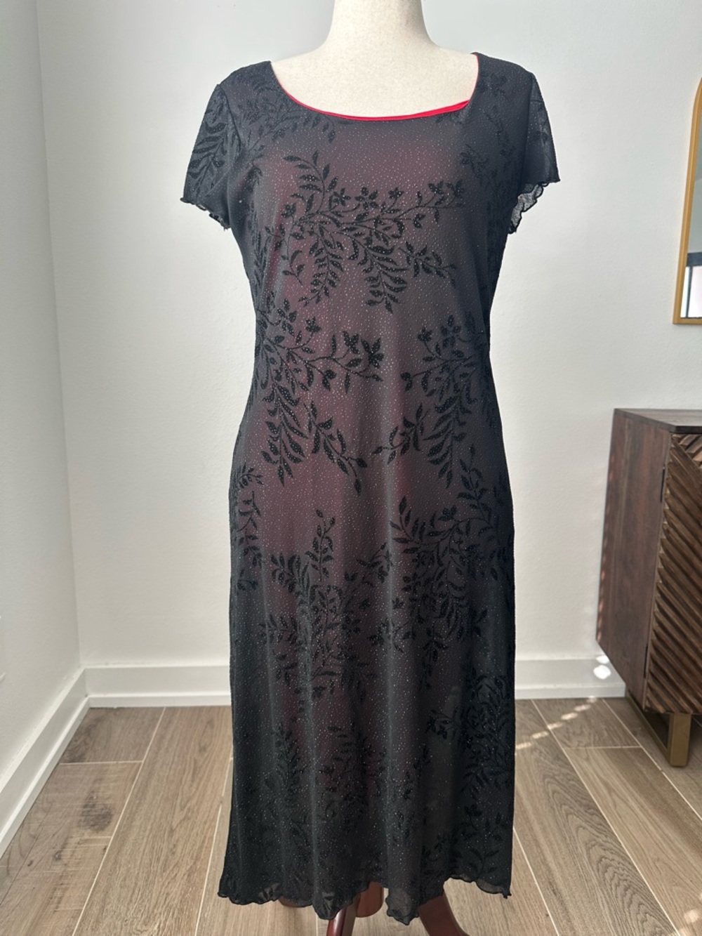 AGB Black Floral Burnout Midi Dress with Red Lining